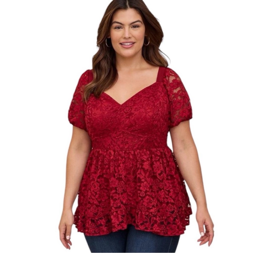 Torrid Dark Red Lace Peplum Babydoll Top with Puff Sleeves, Size 3 (22/24)